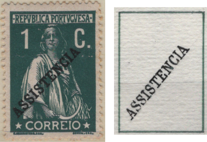 0631.jpg -     Lote:    631                   Descrição:         1912 &mdash; Ceres, com sobrecarga ASSISTÊNCIA. Mf Ip3, 1c verde escuro, papel porcelana, denteado 15x14. Ensaio da sobrecarga a preto. Referenciado no catálogo Mundifil. B e R.         PRV       Valor Base:     &euro; 25,00     Valor Venda:     &euro;      