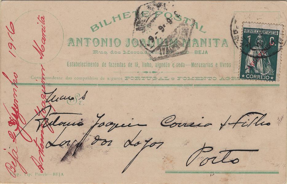0632.jpg -     Lote:    632                   Descrição:         1912 &mdash; Ceres, com sobrecarga "ASSISTÊNCIA". Mf Ip3, 1c verde escuro, papel porcelana, denteado 15x14 em postal ilustrado circulado de Beja (02.06.16) para o Porto (06.06.16). Exemplar sem defeitos nem reparações com selo do imposto postal usado como de recurso de selo do serviço postal. R.         PI       Valor Base:     &euro; 20,00     Valor Venda:     &euro;      
