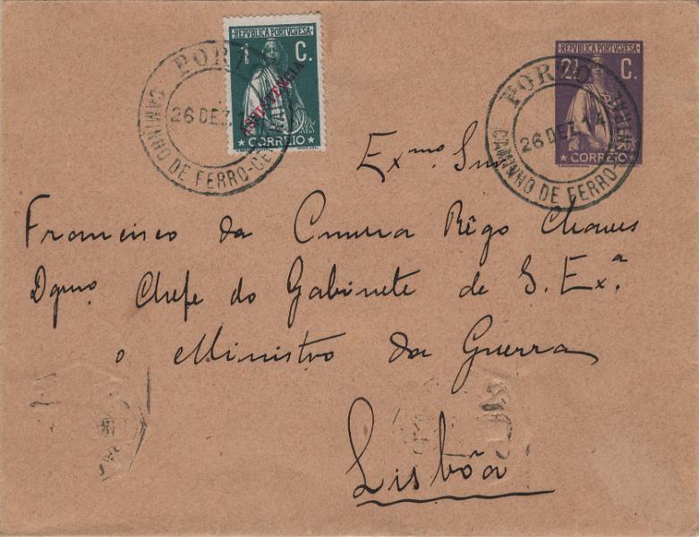 0635.jpg -     Lote:    635                   Descrição:         1912 &mdash; Ceres * Sobrescritos + Imposto Postal * Ceres com sobrecarga ASSISTÊNCIA. Inteiro postal sobrescrito de 2 &frac12; c violeta escuro, papel camurça rosado, corte I, circulado do Porto (26.12.14) para Lisboa (27.12.14) com selo do imposto postal de 1c verde escuro, papel porcelana, denteado 15x14, devido no período obrigatório, Mf IP3. Marca de dia "CAMINHO DE FERRO CENTRAL / PORTO).         IC       Valor Base:     &euro; 40,00     Valor Venda:     &euro;      