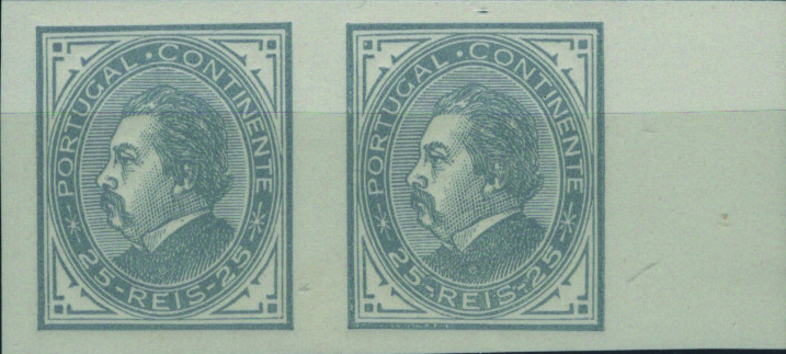 0640.jpg -     Lote:    640            Portugal       Descrição:         1880 &mdash; D. Luís I, de perfil. Desenhos e gravuras de João Pedroso Gomes da Silva. Tipo III. Par horizontal, bordo de folha, de provas, canto de folha de 25 reis em cinzento-ardósia, não denteadas, em papel esmalte. OM141.         PRV       Valor Base:     &euro; 20,00     Valor Venda:     &euro;      