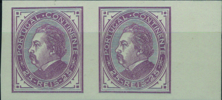 0641.jpg -     Lote:    641            Portugal       Descrição:         1880 &mdash; D. Luís I, de perfil. Desenhos e gravuras de João Pedroso Gomes da Silva. Tipo III. Par horizontal, bordo de folha, de provas, canto de folha de 25 reis em lilás vermelho, não denteadas, em papel esmalte. OM140.         PRV       Valor Base:     &euro; 20,00     Valor Venda:     &euro;      