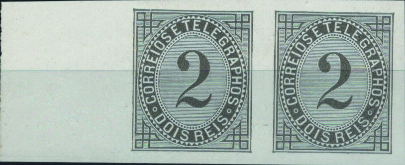 0644.jpg -     Lote:    644            Portugal       Descrição:         1882 &mdash; Taxa de Telegramas. Desenho e gravura de Frederico Augusto de Campos. Par horizontal, bordo de folha, de provas de 2 reis, em canto de folha, na cor preto-cinzento, papel porcelana. OM287. MB e R.         PRV       Valor Base:     &euro; 15,00     Valor Venda:     &euro;      