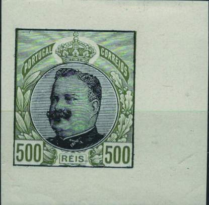 0647.jpg -     Lote:    647            Portugal       Descrição:         1907 &mdash; D. Carlos I. Emissão projetada. Tipos aprovados. Desenhos de J. Carlos de Lacerda e gravura de Domingos Alves do Rego. Tipo V. Efígie e cercadura. OM970, 500 reis verde e preto. Prova não denteada em papel porcelana.         PRV       Valor Base:     &euro; 25,00     Valor Venda:     &euro;      