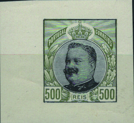 0648.jpg -     Lote:    648            Portugal       Descrição:         1907 &mdash; D. Carlos I. Emissão projetada. Desenho de Armando Pedroso Gomes da Silva. Tipo V. Efígie e cercadura, tipo aprovado, "holandês". OM970, 500 reis verde e preto. Prova de cor não denteada em papel porcelana.          PRV       Valor Base:     &euro; 44,00     Valor Venda:     &euro;      