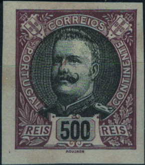 0652.jpg -     Lote:    652            Portugal       Descrição:         1895 &mdash; D. Carlos I Mouchon. Mf139, 500 reis. Prova de cor em castanho e preto, não denteada, sobre papel levemente pontinhado. Cores não aprovadas. OM503         PRV       Valor Base:     &euro; 35,00     Valor Venda:     &euro;      