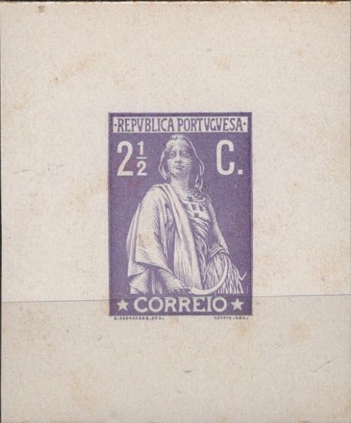 0656.jpg -     Lote:    656            Portugal       Descrição:         1912 &mdash; Ceres. Desenho de Constantino de Sobral Fernandes e gravura de José Sérgio de Carvalho e Silva. Tipo aprovado. OM 1422d, 2 &frac12; c, violeta sobre bloco de cartolina medindo 44x53mm, não denteado, com abertura da taxa no cunho. MB e MR.         PRV       Valor Base:     &euro; 40,00     Valor Venda:     &euro;      