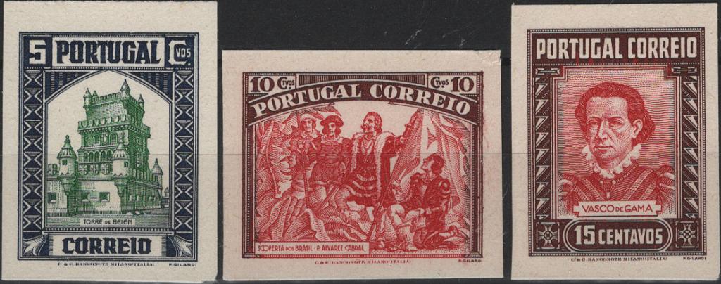 0657.jpg -     Lote:    657            Portugal       Descrição:         1926/28 &mdash; Emissão projetada. Descobrimentos portugueses. Gravura de P. Gilardi, impressão C & C Banconote Milano (Itália). Não aprovados. Lote com 3 provas de 5c (Torre de Belém), 10c Descoberta do Brasil * Pedro Álvares Cabral e 15c Vasco da Gama.         PRV       Valor Base:     &euro; 50,00     Valor Venda:     &euro;      