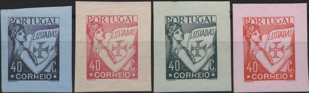 0658.jpg -     Lote:    658            Portugal       Descrição:         1931 &mdash; Lusíadas. Desenho de Pedro Guedes e gravura de Arnaldo Fragoso. Lote composto por 4 provas de cor da taxa de 40c em preto s/ azul, carmim s/ creme, verde escuro s/ verde claro e laranja s/ rosa, com largas margens não denteadas, em papel porcelana colorido.         PRV       Valor Base:     &euro; 20,00     Valor Venda:     &euro;      