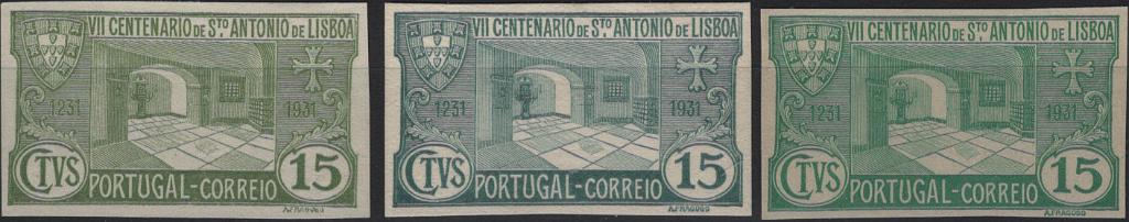 0659.jpg -     Lote:    659            Portugal       Descrição:         1931 &mdash; 7.º Centenário da Morte de S. António. Desenho e gravura de Arnaldo Fragoso. MF531, 15c. Lote com três provas de cor (verde-oliva, verde-azul e verde), não denteadas, em papel liso médio. Não catalogadas por OM. MB e R.         PRV       Valor Base:     &euro; 25,00     Valor Venda:     &euro;      