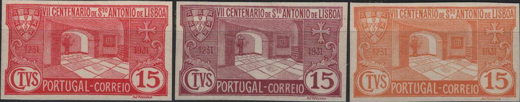 0661.jpg -     Lote:    661            Portugal       Descrição:         1931 &mdash; 7.º Centenário da Morte de S. António. Desenho e gravura de Arnaldo Fragoso. MF531, 15c. Lote com três provas de cor (vermelho, lilás-vermelho e vermelho-castanho claro), não denteadas, em papel liso médio. Não catalogadas por OM. MB e R.         PRV       Valor Base:     &euro; 25,00     Valor Venda:     &euro;      