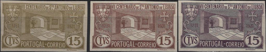 0663.jpg -     Lote:    663            Portugal       Descrição:         1931 &mdash; 7.º Centenário da Morte de S. António. Desenho e gravura de Arnaldo Fragoso. MF531, 15c. Lote com três provas de cor (sépia claro, castanho e magenta), não denteadas, em papel liso médio. Não catalogadas por OM. MB e R.         PRV       Valor Base:     &euro; 25,00     Valor Venda:     &euro;      