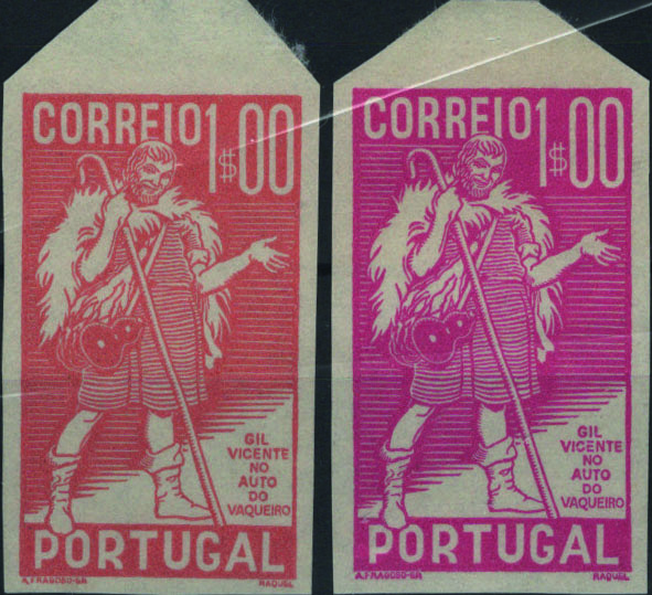 0664.jpg -     Lote:    664            Portugal       Descrição:         1937 &mdash; 4.º Centenário da Morte de Gil Vicente. Mf 578. Lote com duas provas de cor (laranja e carmim-rosa), não denteadas, em papel liso médio (não aprovado). Não catalogadas por OM. MB e R.         PRV       Valor Base:     &euro; 20,00     Valor Venda:     &euro;      