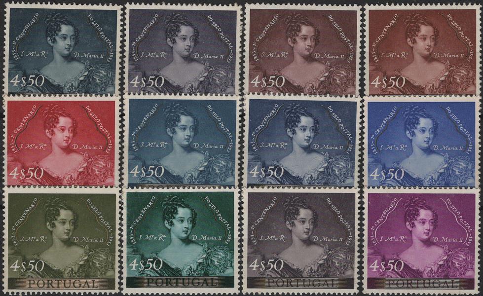 0674.jpg -     Lote:    674            Portugal       Descrição:         1953 &mdash; Centenário do Selo Postal Português. Mf791, 4$50. Lote de 12 provas de cor todas diferentes, denteadas. Todas na taxa de 4$50, COM FILETE sob as legendas laterais. MB e MR. Conjunto único.         PRV       Valor Base:     &euro; 200,00     Valor Venda:     &euro;      