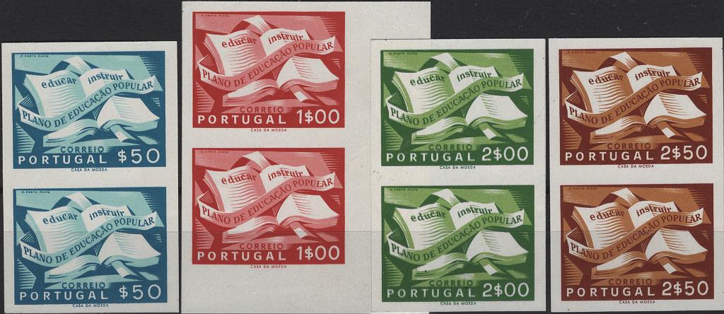0676.jpg -     Lote:    676            Portugal       Descrição:         1954 &mdash; Campanha de Educação Popular. Mf 796/799. Série completa em pares verticais de provas de cor, não denteadas, nas cores aprovadas, com goma. B e R.         PRV       Valor Base:     &euro; 35,00     Valor Venda:     &euro;      