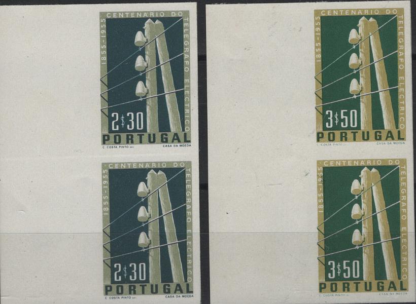 0677.jpg -     Lote:    677            Portugal       Descrição:         1955 &mdash; 1.º Centenário do Telégrafo Elétrico em Portugal. Mf816/817, 2$30 e 3$50. Lote com dois pares verticais de provas não denteadas, nas cores aprovadas, sobre papel esmalte, bordos de folha.         PRV       Valor Base:     &euro; 38,00     Valor Venda:     &euro;      