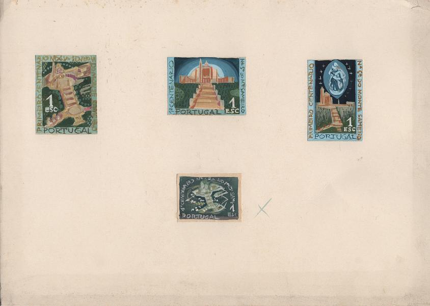 0679.jpg -     Lote:    679            Portugal       Descrição:         1964 &mdash; 1.º Centenário do Sameiro. MF 931/933. Quatro desenhos aguarelados, montados em folha de cartolina fina A5, da autoria do pintor José Pedro Roque, para a emissão do Centenário do Sameiro. Desenhos não aprovados. Certificado de peritagem de Leilões P. Dias, Lda. MB e MR.         PRV       Valor Base:     &euro; 150,00     Valor Venda:     &euro;      