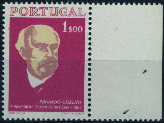 0681.jpg -     Lote:    681            Portugal       Descrição:         1964 &mdash; 1.º Centenário do Diário de Notícias. Mf943, 1$00. Prova de cor em vermelho, castanho e creme, denteada, bordo de folha, em papel esmalte sem goma.         PRV       Valor Base:     &euro; 10,00     Valor Venda:     &euro;      