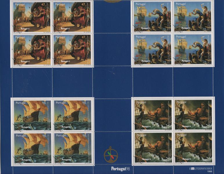 0685.jpg -     Lote:    685            Portugal       Descrição:         1998 &mdash; 500 Anos da Descoberta do Caminho Marítimo para a Índia. Mf. FM12A. Folha miniatura com traço oblíquo a preto sobre os selos. Espécimes distribuídos gratuitamente para a imprensa escrita.         FM***       Valor Base:     &euro; 15,00     Valor Venda:     &euro;      