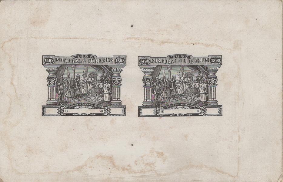 0687.jpg -     Lote:    687            Portugal       Descrição:         1898 &mdash; Porteado. 4.º Centenário da Descoberta do Caminho Marítimo para a Índia. Bloco medindo 115x75mm em cartão calandrado com duas provas a preto-cinzento, não denteadas, sem impressão da taxa e legenda. Desenho de Carlos Maria de Miranda Costa e gravura de José Sérgio de Carvalho e Silva.         PRV       Valor Base:     &euro; 75,00     Valor Venda:     &euro;      