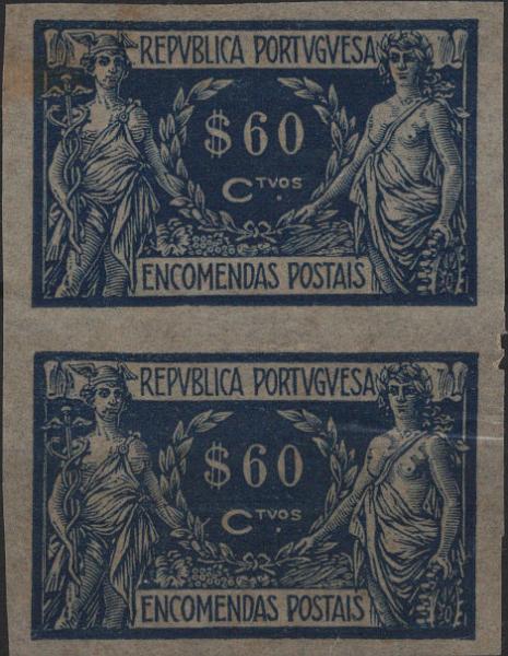 0688.jpg -     Lote:    688            Portugal       Descrição:         1920/22 &mdash; Encomendas Postais. Comércio e Indústria. MF EP8, $60. Par vertical de provas de cor em azul (cor aprovada para este valor), não denteadas em papel cebola.         PRV       Valor Base:     &euro; 10,00     Valor Venda:     &euro;      