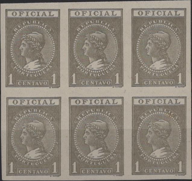0690.jpg -     Lote:    690            Portugal       Descrição:         1918 &mdash; Serviço Oficial. Emissão projetada. Alegoria da República. Tipo aprovado. Com indicação "Centavos". OM28 1c. cinzento. Bloco com seis provas (3x2), não denteadas, em papel pontinhado. B e R.         PRV       Valor Base:     &euro; 20,00     Valor Venda:     &euro;      
