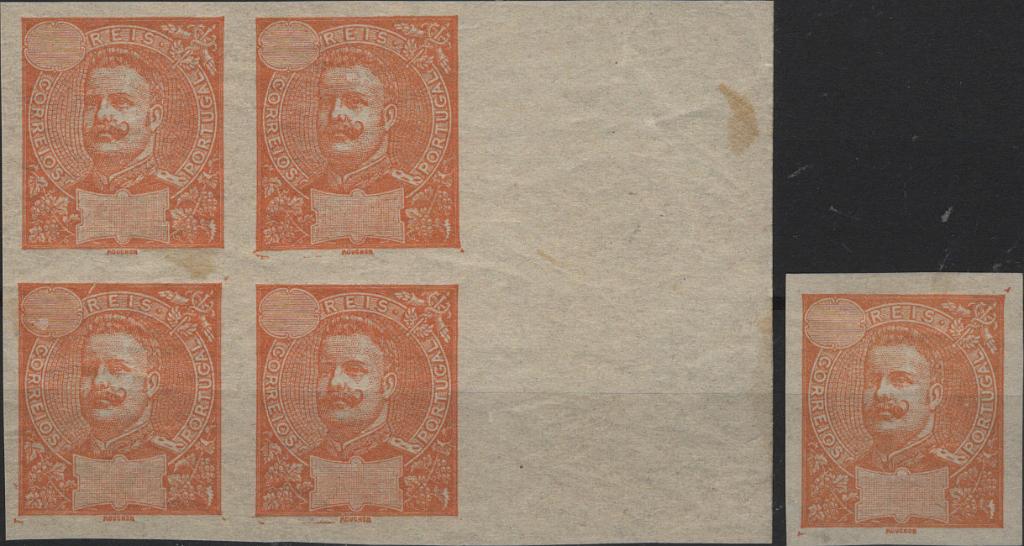 0695.jpg -     Lote:    695            Distritos postais insulares       Descrição:         1895 &mdash; D. Carlos I Mouchon. Açores, Madeira e Distritos Postais. Lote composto por quadra e selo isolado de provas não denteadas, na cor laranja, papel liso e gomadas. B e R.         PRV       Valor Base:     &euro; 12,00     Valor Venda:     &euro;      