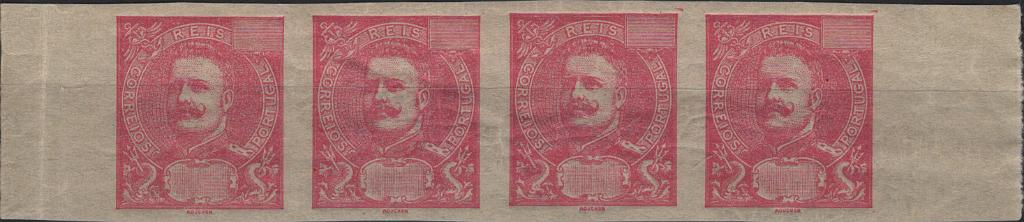 0696.jpg -     Lote:    696            Ultramar       Descrição:         Ultramar * Colónias de África * Angola, Congo, Cabo Verde, S. Tomé e Príncipe e Moçambique, Lourenço Marques, Inhambane e Zambézia. 1898 &mdash; D. Carlos I tipo Mouchon. Tira horizontal com 4 provas não denteadas, em carmim sobre papel amarelado gomado, sem impressão da taxa e legenda.         PRV       Valor Base:     &euro; 25,00     Valor Venda:     &euro;      