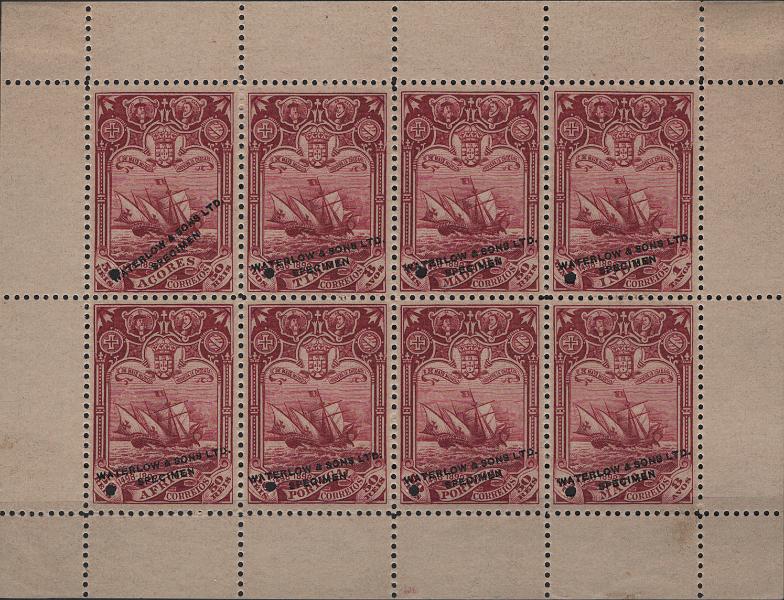 0702.jpg -     Lote:    702            Ultramar       Descrição:         1898 &mdash; 4.º Centenário da Descoberta do Caminho Marítimo para a Índia. Folha miniatura com 8 selos de Portugal (2), Açores, Madeira, África, Índia, Macau e Timor, da taxa de 50 reis, 1Tg (Índia) e 8 avos (Macau e Timor), na cor magenta, sem goma, papel levemente pontinhado médio, com perfurações de segurança e sobrecarga oblíqua a violeta e preto-cinzento "WATERLOW & SONS LD / SPECIMEN". MB e R.         PRV       Valor Base:     &euro; 100,00     Valor Venda:     &euro;      