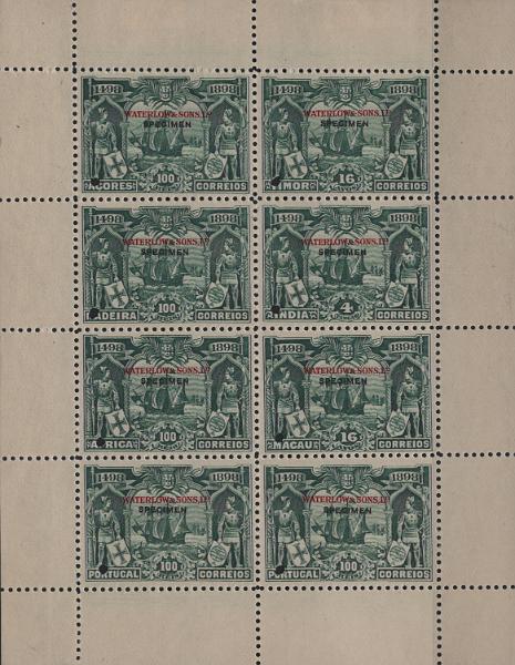 0703.jpg -     Lote:    703            Ultramar       Descrição:         1898 &mdash; 4.º Centenário da Descoberta do Caminho Marítimo para a Índia. Folha miniatura com 8 selos de Portugal (2), Açores, Madeira, África, Índia, Macau e Timor, da taxa de 100 reis, 4Tgs reis (Índia) e 16 avos (Macau e Timor), na cor verde escuro, sem goma, papel levemente pontinhado médio, com perfurações de segurança e sobrecarga oblíqua a vermelho e preto "WATERLOW & SONS LD / SPECIMEN". MB e R.         PRV       Valor Base:     &euro; 100,00     Valor Venda:     &euro;      
