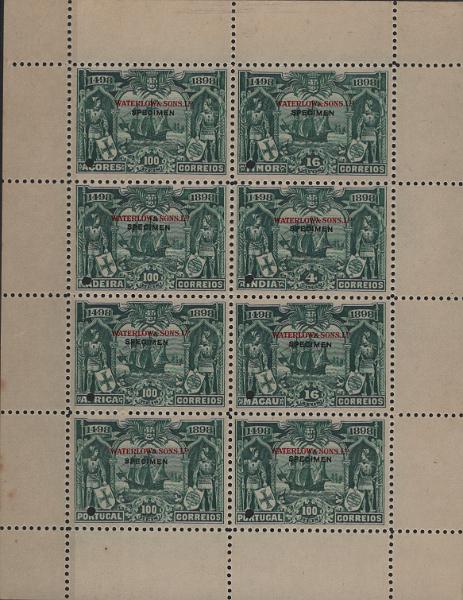0704.jpg -     Lote:    704            Ultramar       Descrição:         1898 &mdash; 4.º Centenário da Descoberta do Caminho Marítimo para a Índia. Folha miniatura com 8 selos de Portugal (2), Açores, Madeira, África, Índia, Macau e Timor, da taxa de 100 reis, 4 Tgs (Índia) e 16 avos (Macau e Timor), na cor verde-azul, sem goma, papel levemente pontinhado médio, com perfurações de segurança e sobrecarga horizontal a vermelho e preto "WATERLOW & SONS LD / SPECIMEN". MB e R.         PRV       Valor Base:     &euro; 100,00     Valor Venda:     &euro;      