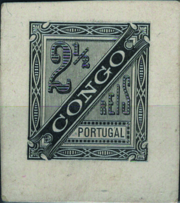 0708.jpg -     Lote:    708            Congo       Descrição:         1894 &mdash; D. Carlos I. JORNAES. MF1, 2 &frac12; reis. Prova de cunho com margens de luxo, a preto sobre cartão branco calandrado, não denteada. Exemplar raro, sem defeitos nem reparações.         PRV       Valor Base:     &euro; 25,00     Valor Venda:     &euro;      
