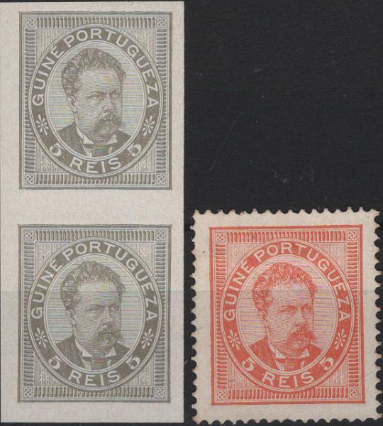 0709.jpg -     Lote:    709            Guiné       Descrição:         1886 &mdash; D. Luís I. Mf24, 5 reis. Lote composto por par vertical de provas não denteadas na cor cinzenta (não aprovada) em papel porcelana + prova denteada na cor laranja (não aprovada), papel porcelana. B e R.         PRV       Valor Base:     &euro; 20,00     Valor Venda:     &euro;      