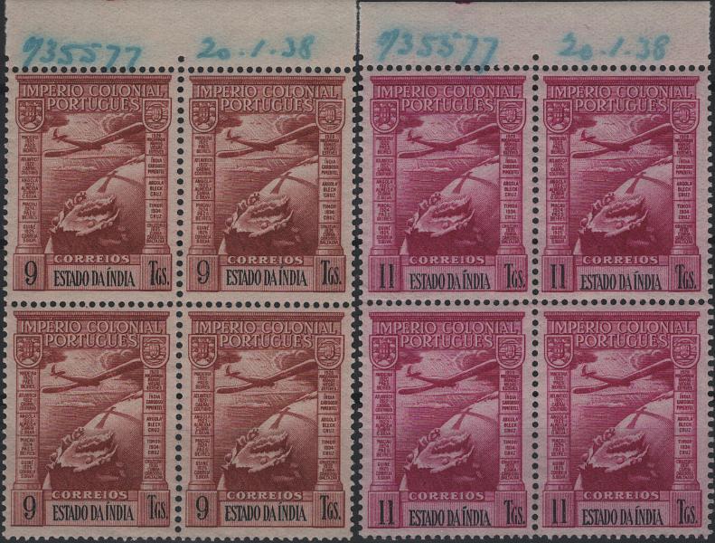 0715.jpg -     Lote:    715            Índia       Descrição:         1938 &mdash; Correio aéreo. Império Colonial Português. MF CA1/8. Série completa em quadras, com goma original sem sinal de charneira, boa cor, sem defeitos, nem reparações. Exemplares com anotações manuscritas com o número de obra e a data da 1.ª tiragem da emissão. Exemplares do arquivo da Bradbury, Wilkinson & Co. Ltd. Únicos exemplares.          PRV       Valor Base:     &euro; 150,00     Valor Venda:     &euro;      