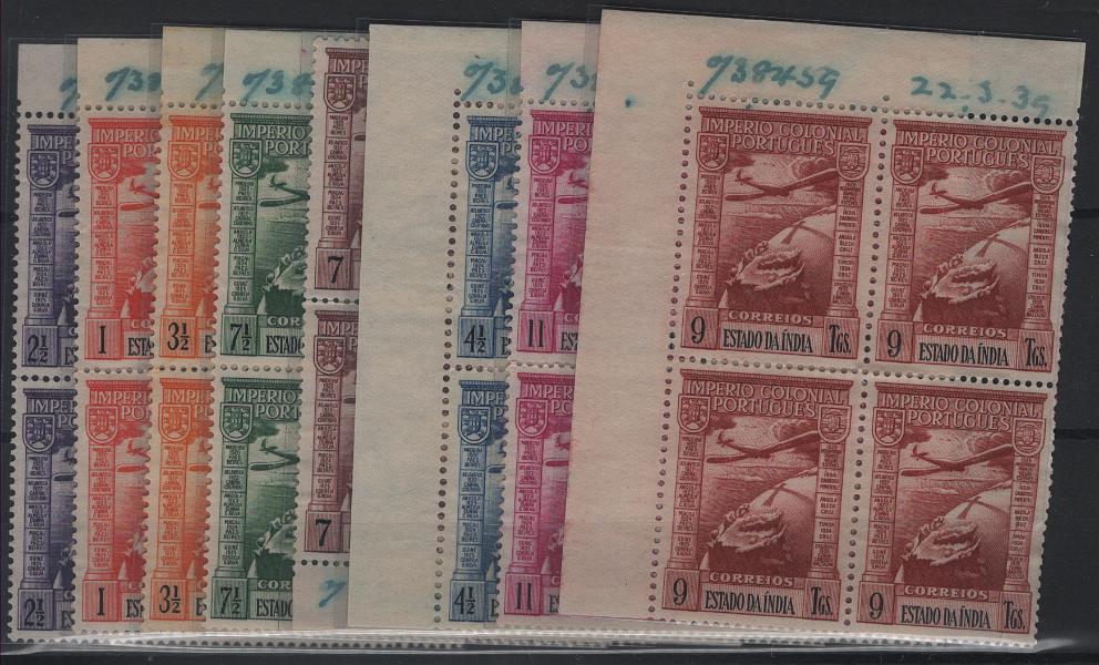 0717.jpg -     Lote:    717            Índia       Descrição:         1938 &mdash; Correio aéreo. Império Colonial Português. MF CA1/8. Série completa em quadras, com goma original sem sinal de charneira, boa cor, sem defeitos, nem reparações. Exemplares com anotações manuscritas com o número de obra e a data da 2.ª tiragem da emissão "738459 / 22.03.39". Exemplares do arquivo da Bradbury, Wilkinson & Co. Ltd. Únicos exemplares.         PRV       Valor Base:     &euro; 150,00     Valor Venda:     &euro;      