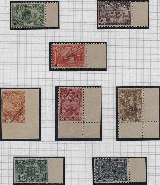 0719.jpg -     Lote:    719            Macau       Descrição:         1898 - - 4.º Centenário da Descoberta do Caminho Marítimo para a Índia. Mf70/77. Série completa de provas de cor em bordo e canto de folha, com sobrecarga "WATERLOW & SONS. Ltd / SPECIMEN". Raro conjunto.         PRV       Valor Base:     &euro; 250,00     Valor Venda:     &euro;      