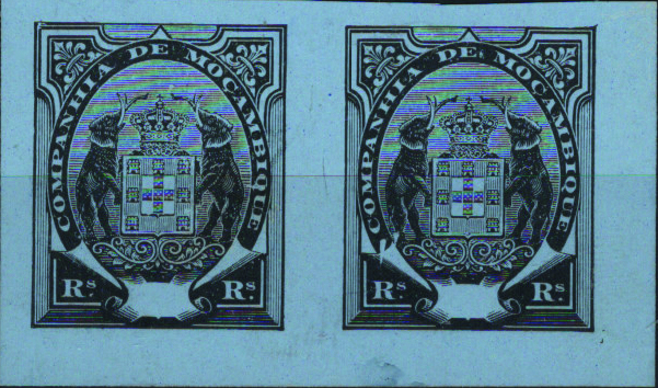 0727.jpg -     Lote:    727            Companhia de Moçambique       Descrição:         1911 &mdash; Elefantes. Par horizontal de provas em papel porcelana colorido, preto s/ azul, sem impressão da taxa, não denteadas. Cor atribuída à taxa de 500 reis (Mf60).         PRV       Valor Base:     &euro; 15,00     Valor Venda:     &euro;      