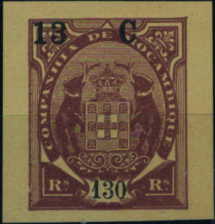 0728.jpg -     Lote:    728            Companhia de Moçambique       Descrição:         1916 &mdash; Elefantes, com sobretaxa. Mf102, 13C s/ 130 reis. Prova de cor em castanho s/ amarelo, cor aprovada, em papel porcelana colorido, não denteado e sem a sobrecarga "REPUBLICA".         PRV       Valor Base:     &euro; 10,00     Valor Venda:     &euro;      