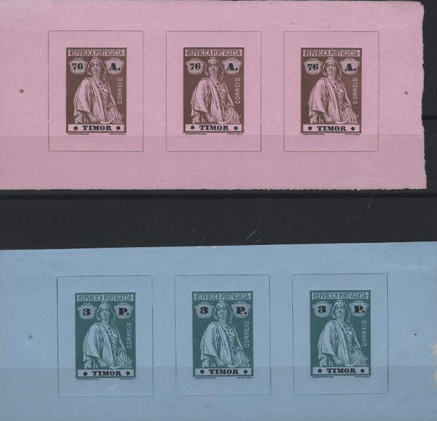 0733.jpg -     Lote:    733            Timor       Descrição:         1914 &mdash; Ceres. MF162/176. Série incompleta (falta MF175) composta por 14 tiras horizontais de 3 provas de cor de cada uma das taxas, nas cores aprovadas, não denteadas, em papel liso desde &frac14; avo até 40 avos e papel porcelana nos restantes. Em cada tira o primeiro selo e segundo selos com estrelas III/IV e o terceiro com estrelas I/IV. Provas consideradas com clandestinas. MB e R.         PRV       Valor Base:     &euro; 200,00     Valor Venda:     &euro;      