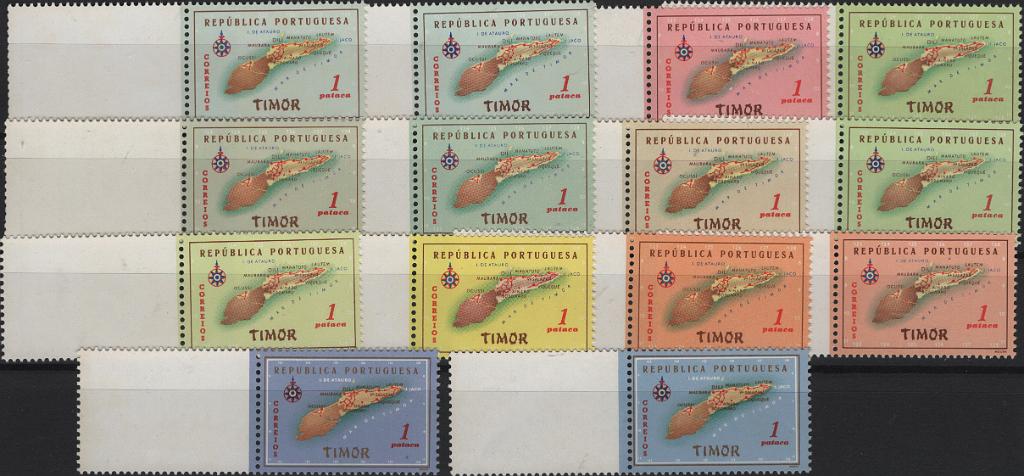 0738.jpg -     Lote:    738            Timor       Descrição:         1956 &mdash; Carta Geográfica de Timor. Mf301, 1P. Lote com 14 provas de cor com cores de fundo diferentes e legendas em castanho e vermelho, denteadas, bordos de folha. MB e MR.         PRV       Valor Base:     &euro; 150,00     Valor Venda:     &euro;      