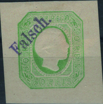 0745.jpg -     Lote:    745            Portugal       Descrição:         1855/56 &mdash; D. Pedro V. Cabelos lisos. Mf8, 50 reis verde amarelo. Exemplar com margens de luxo, com sobrecarga "FALSH" a violeta. FALSO.         *       Valor Base:     &euro; 20,00     Valor Venda:     &euro;      