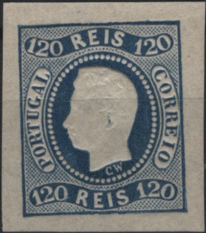 0747.jpg -     Lote:    747            Portugal       Descrição:         1866/67 &mdash; D. Luís I. Fita curva, não denteados. Mf26, 120 reis azul, com margens de luxo, com goma original sem charneira. FALSO de origem italiana.         ***       Valor Base:     &euro; 15,00     Valor Venda:     &euro;      