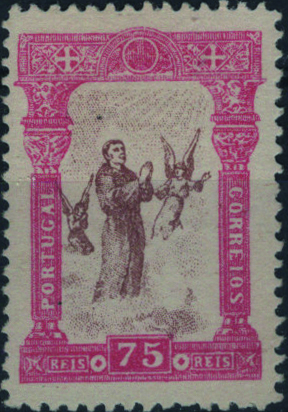 0750.jpg -     Lote:    750            Portugal       Descrição:         1895 &mdash; 7.º Centenário do Nascimento de S. António. Mf118, 75 reis rosa e castanho. FALSO FOURNIER.         ***       Valor Base:     &euro; 20,00     Valor Venda:     &euro;      