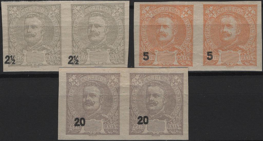 0751.jpg -     Lote:    751            Portugal       Descrição:         1895/96 &mdash; D. Carlos I Mouchon. Mf126, 127 e 130, 2 &frac12; reis + 5 reis + 20 reis. Três pares de selos não denteados, com goma original, e com os valores impressos com grande deslocamento.          ***/**       Valor Base:     &euro; 30,00     Valor Venda:     &euro;      