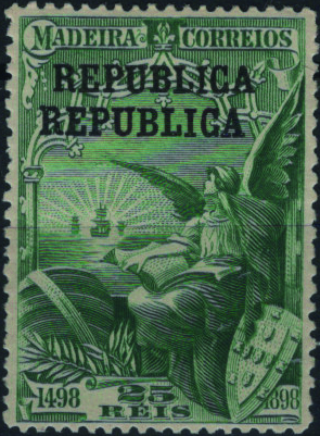 0758.jpg -     Lote:    758            Portugal       Descrição:         1911 &mdash; 4.º Centenário da Descoberta do Caminho Marítimo para a Índia, com sobrecarga REPUBLICA sobre selos postais da Madeira. Mf200a, 25 reis verde amarelo. Exemplar com goma original e charneira, sem defeitos nem reparações com DUPLA SOBRECARGA. Valor de catálogo &euro; 40.00.         **       Valor Base:     &euro; 15,00     Valor Venda:     &euro;      