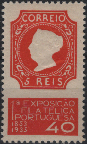 0763.jpg -     Lote:    763            Portugal       Descrição:         1935 &mdash; 1.ª Exposição Filatélica Portuguesa. Mf564b, 40c vermelho. Exemplar com goma original e charneira, com ligeiro ponto de óxido, com DUPLO RELEVO. Valor de catálogo &euro; 55,00.         **       Valor Base:     &euro; 15,00     Valor Venda:     &euro;      