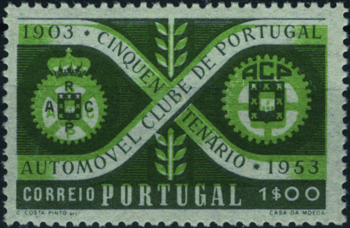0771.jpg -     Lote:    771            Portugal       Descrição:         1953 &mdash; 50.º Aniversário do Automóvel Clube de Portugal. Mf782, 1$00 verde e verde escuro. Exemplar com a cor VERDE CLARO DESLOCADA.         ***       Valor Base:     &euro; 15,00     Valor Venda:     &euro;      