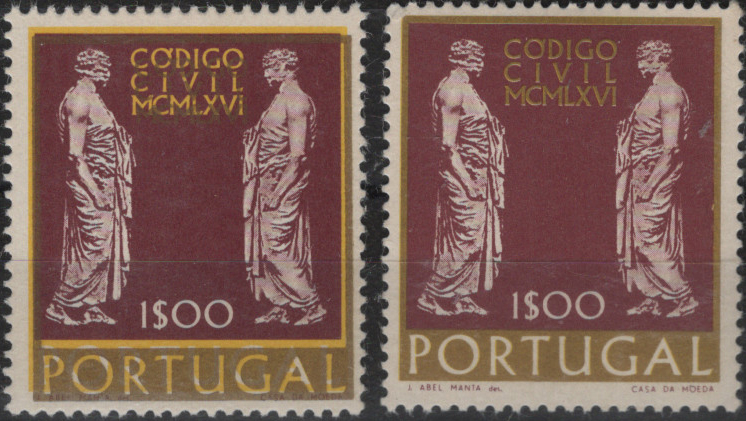 0781.jpg -     Lote:    781            Portugal       Descrição:         1967 &mdash; Novo Código Civil Português. Mf1004, 1$00. Exemplar com deslocamento da cor dourada. Acompanha selo normal para comparação.         ***       Valor Base:     &euro; 20,00     Valor Venda:     &euro;      