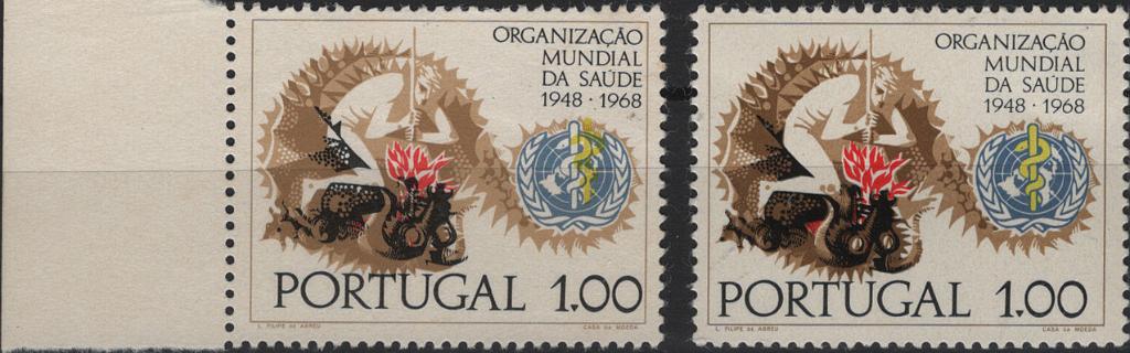 0782.jpg -     Lote:    782            Portugal       Descrição:         1968 &mdash; 20.º Aniversário da OMS. MF1028, 1$00. Exemplar com impressão MUITO DESLOCADA da cor preta. Acompanha selo normal para comparação.         ***       Valor Base:     &euro; 20,00     Valor Venda:     &euro;      