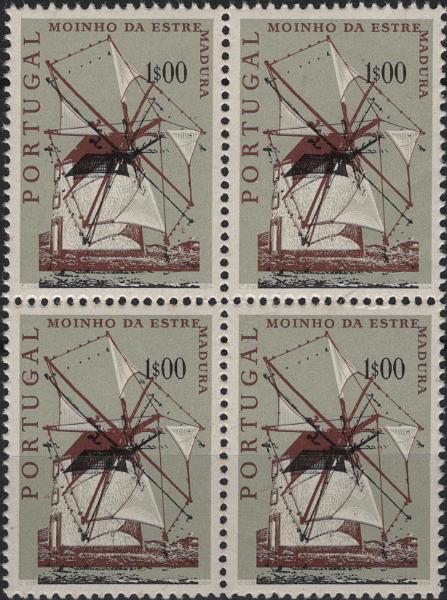 0784.jpg -     Lote:    784            Portugal       Descrição:         1971 &mdash; Moinhos Portugueses. CE1093, 1$00. Quadra com a impressão deslocada da cor preta. Exemplar com goma original sem charneira, sem defeitos nem reparações.         ***       Valor Base:     &euro; 25,00     Valor Venda:     &euro;      