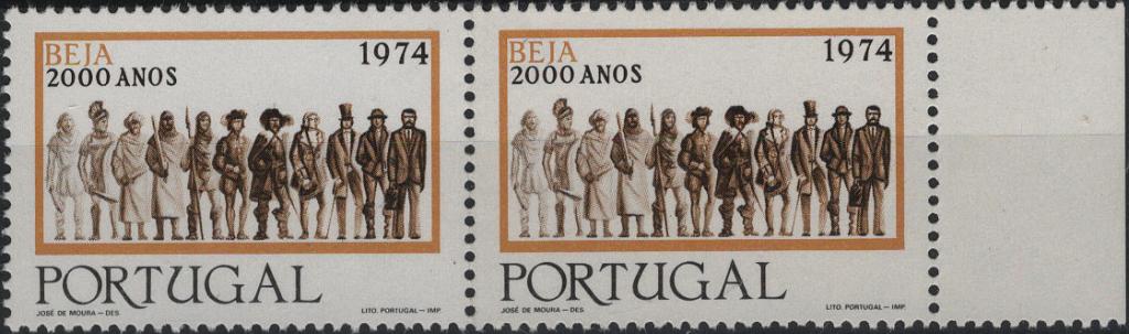 0786.jpg -     Lote:    786            Portugal       Descrição:         1974 &mdash; 20 Séculos da História de Beja. MF1231a, 3$50. Par horizontal, bordo de folha, com OMISSÃO DA COR VERMELHA (TAXA). Valor de catálogo &euro; 500.00. MB e MR.         ***       Valor Base:     &euro; 150,00     Valor Venda:     &euro;      